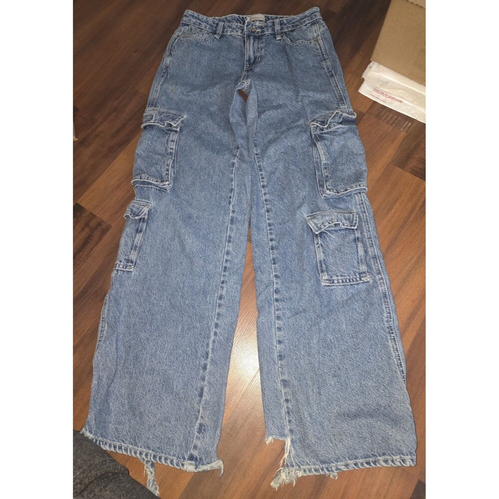 PacSun Women’s Y2K Cargo Jeans Wide Leg Distressed Raw Hem Blue Denim Sz 25